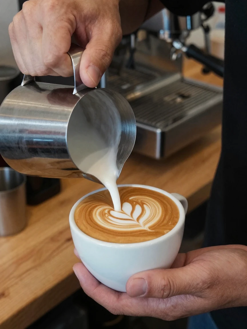 A close-up of a barista latte art heart being poured into coffee.
