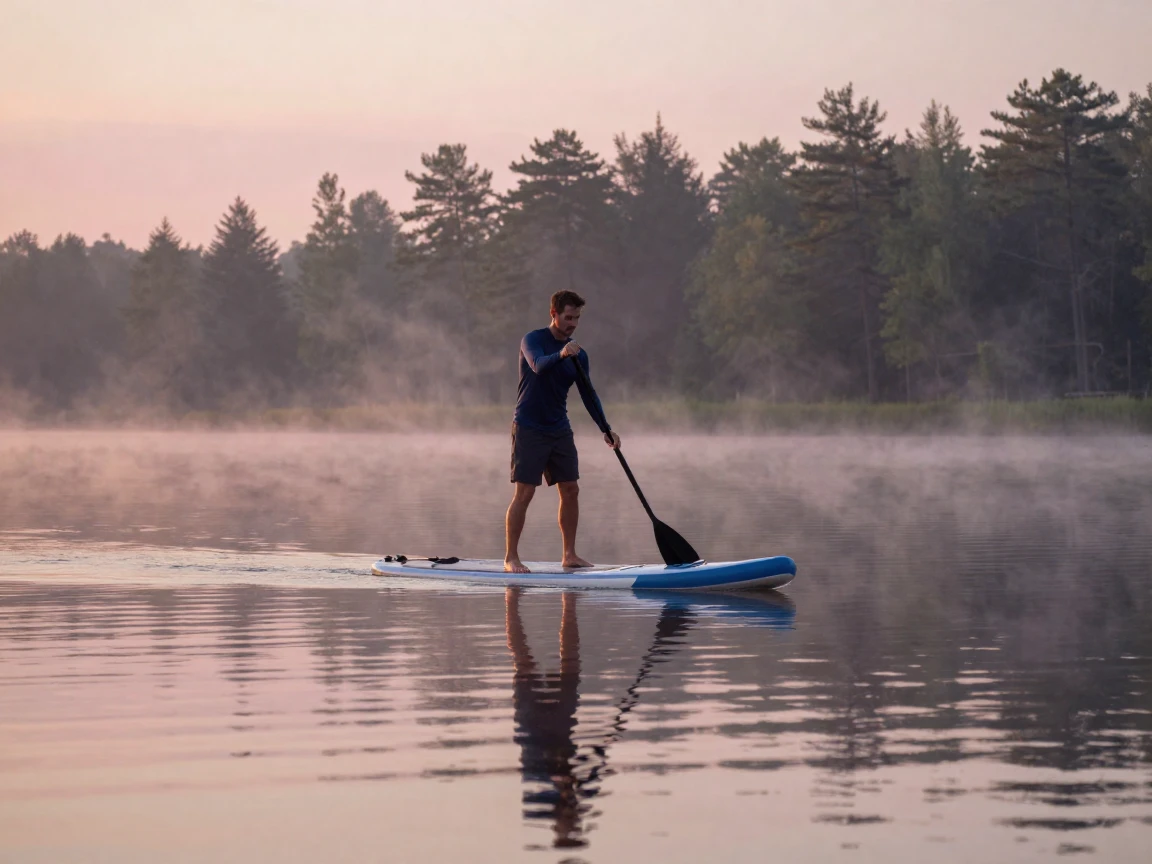 A man paddleboarding across a calm lake at sunrise.