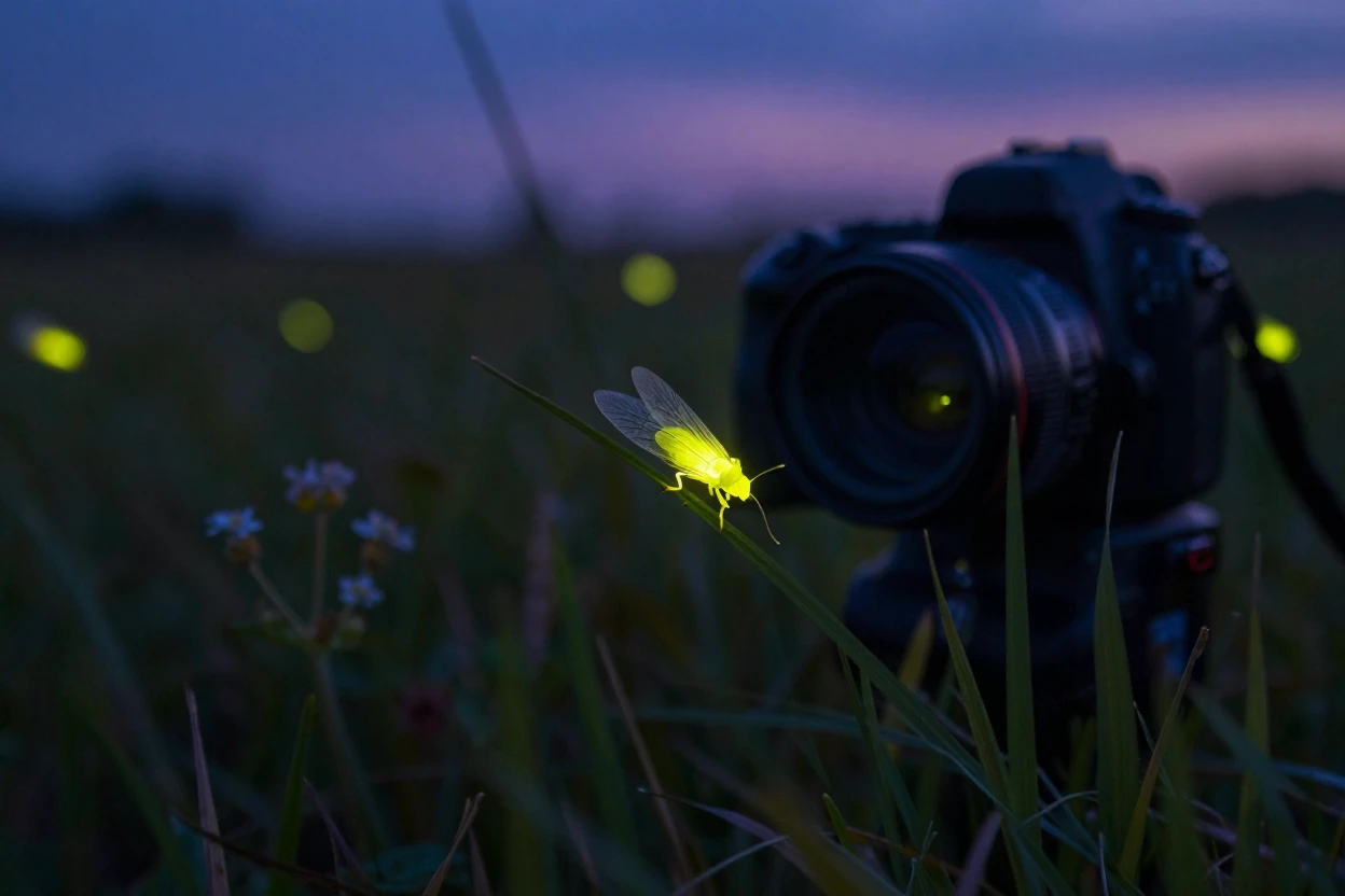 A close-up of a firefly glowing in a dark summer meadow.