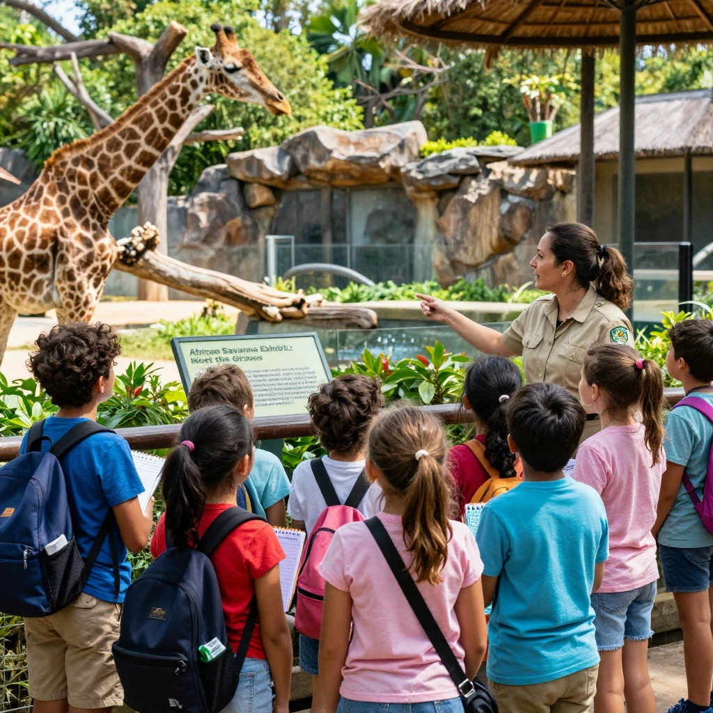 A group of children learning about animals during a zoo field trip.