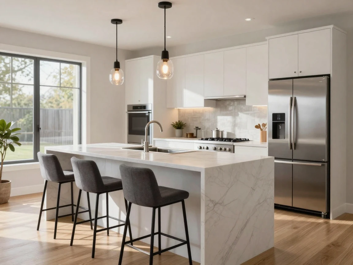 A modern kitchen island with bar stools and pendant lighting above.