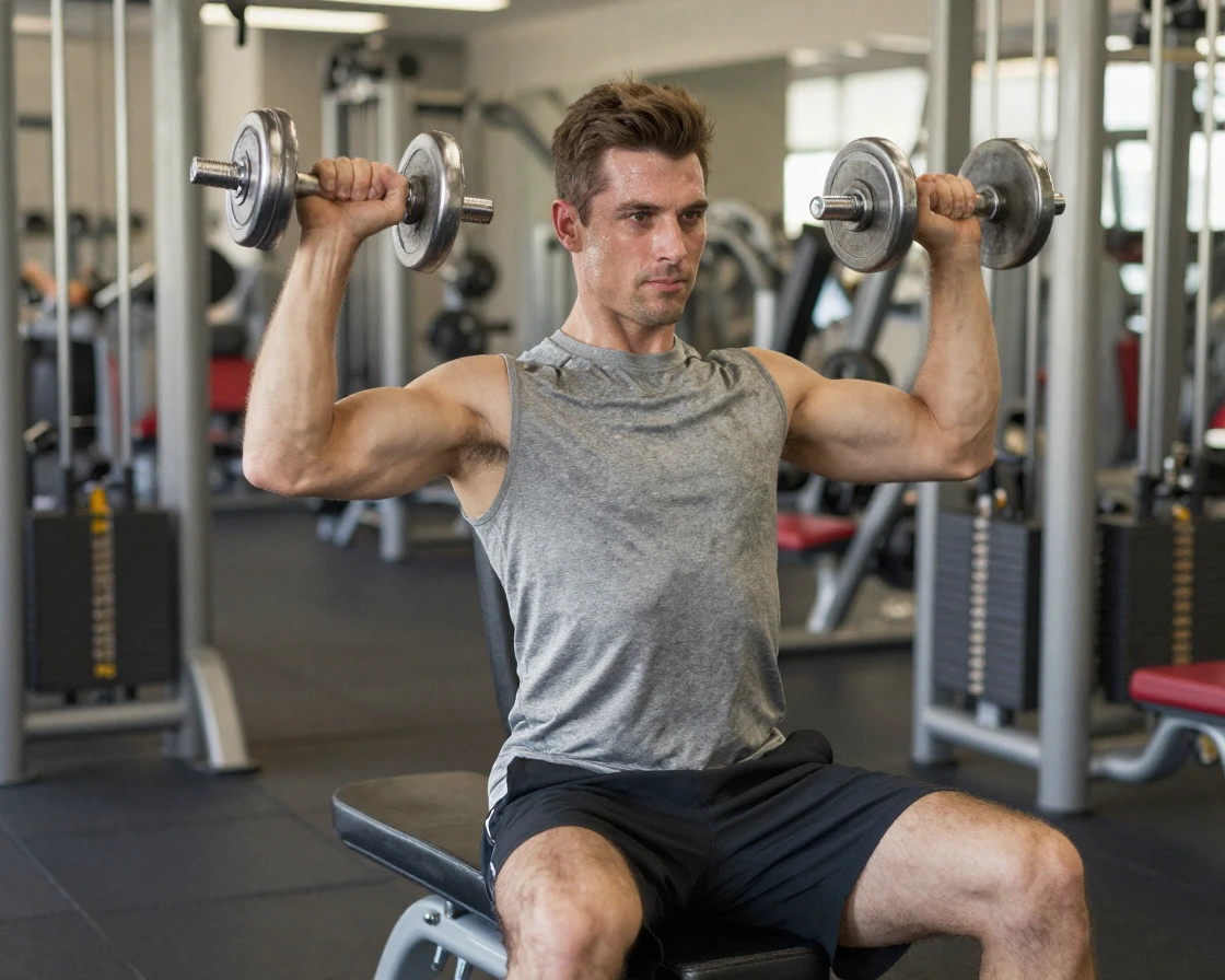 A man doing a shoulder press with dumbbells at the gym.