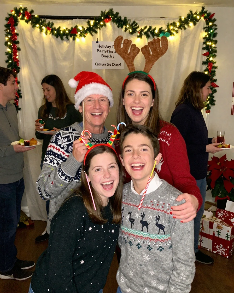A family taking a festive photo booth picture at a holiday party.