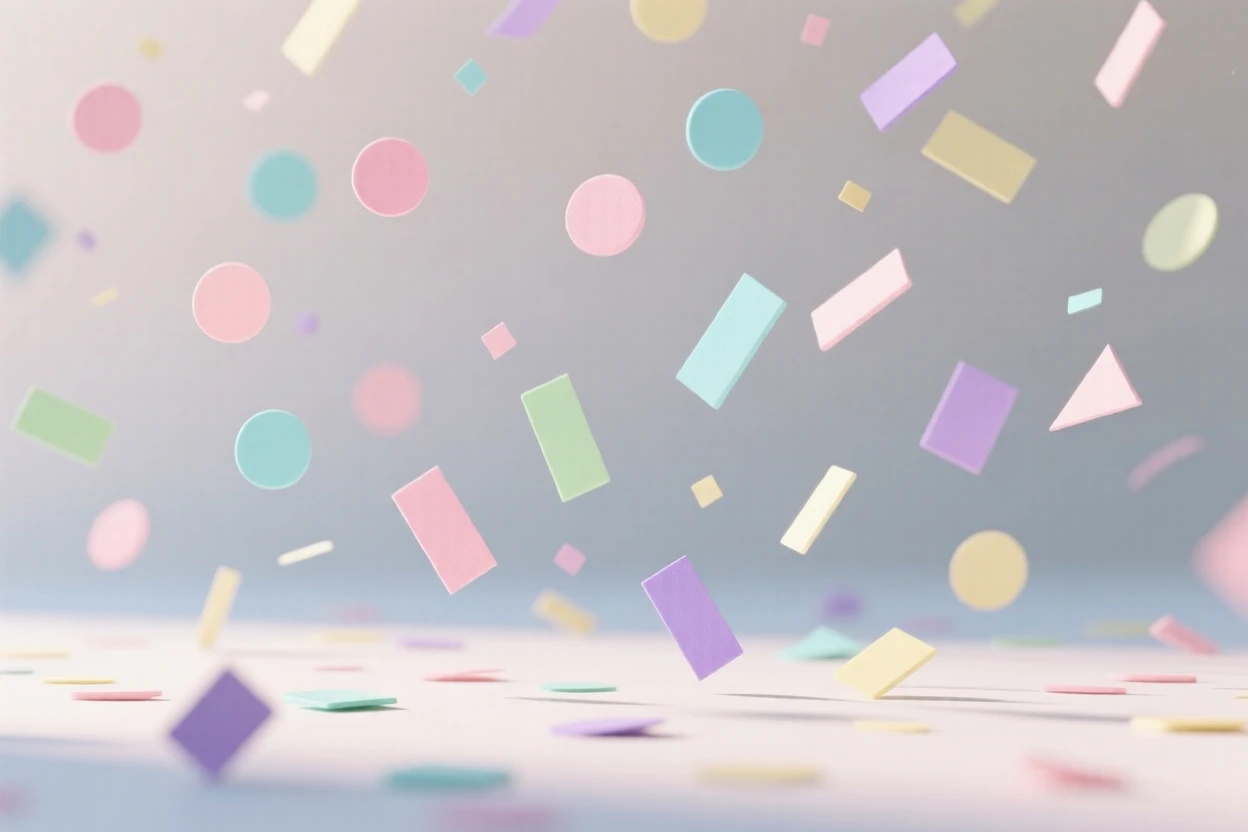 A minimalist background of soft pastel confetti falling gently.