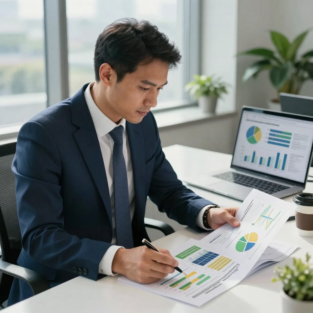 A businessman reviewing a sustainability report with charts on solar panel installation.
