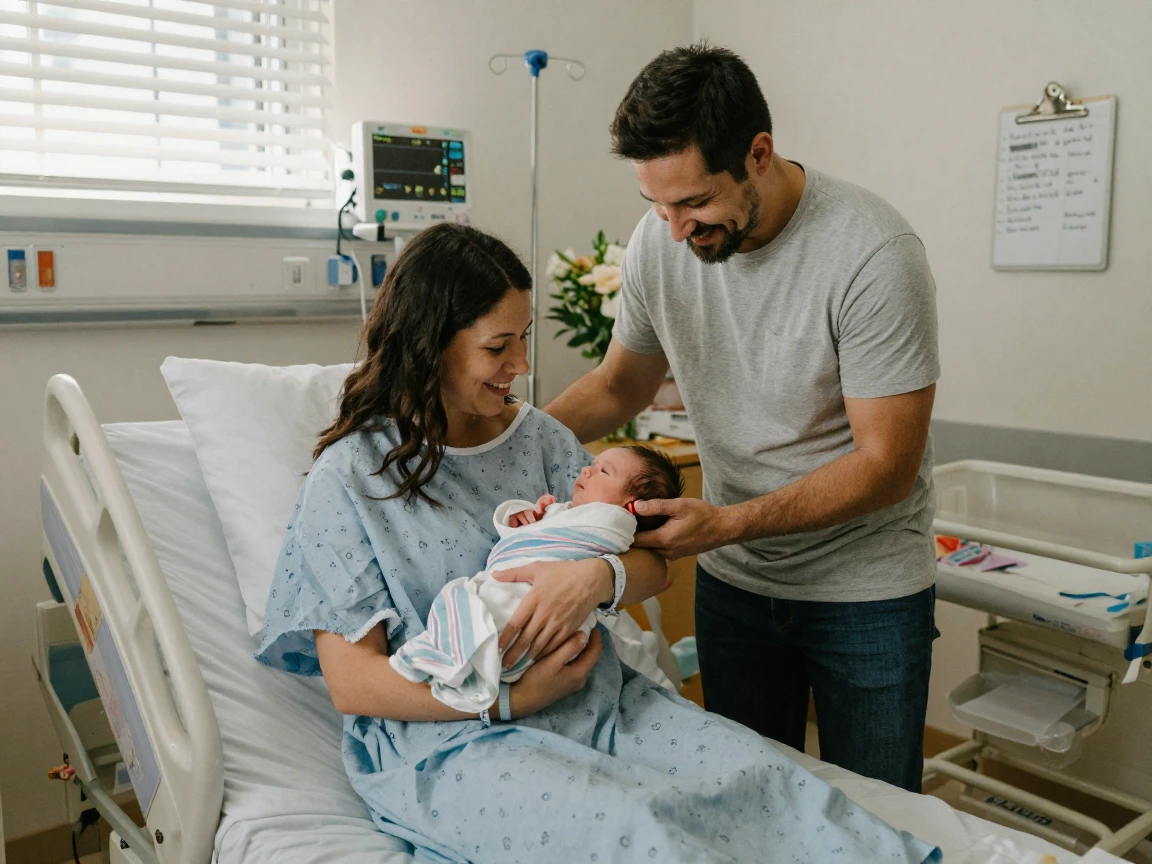 A couple holding their newborn baby for the first time in a hospital room.