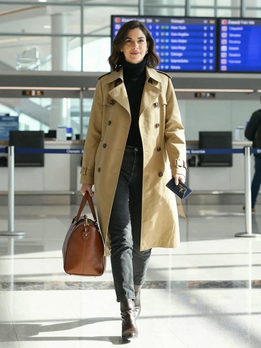 A woman walking confidently through an airport in stylish travel wear.