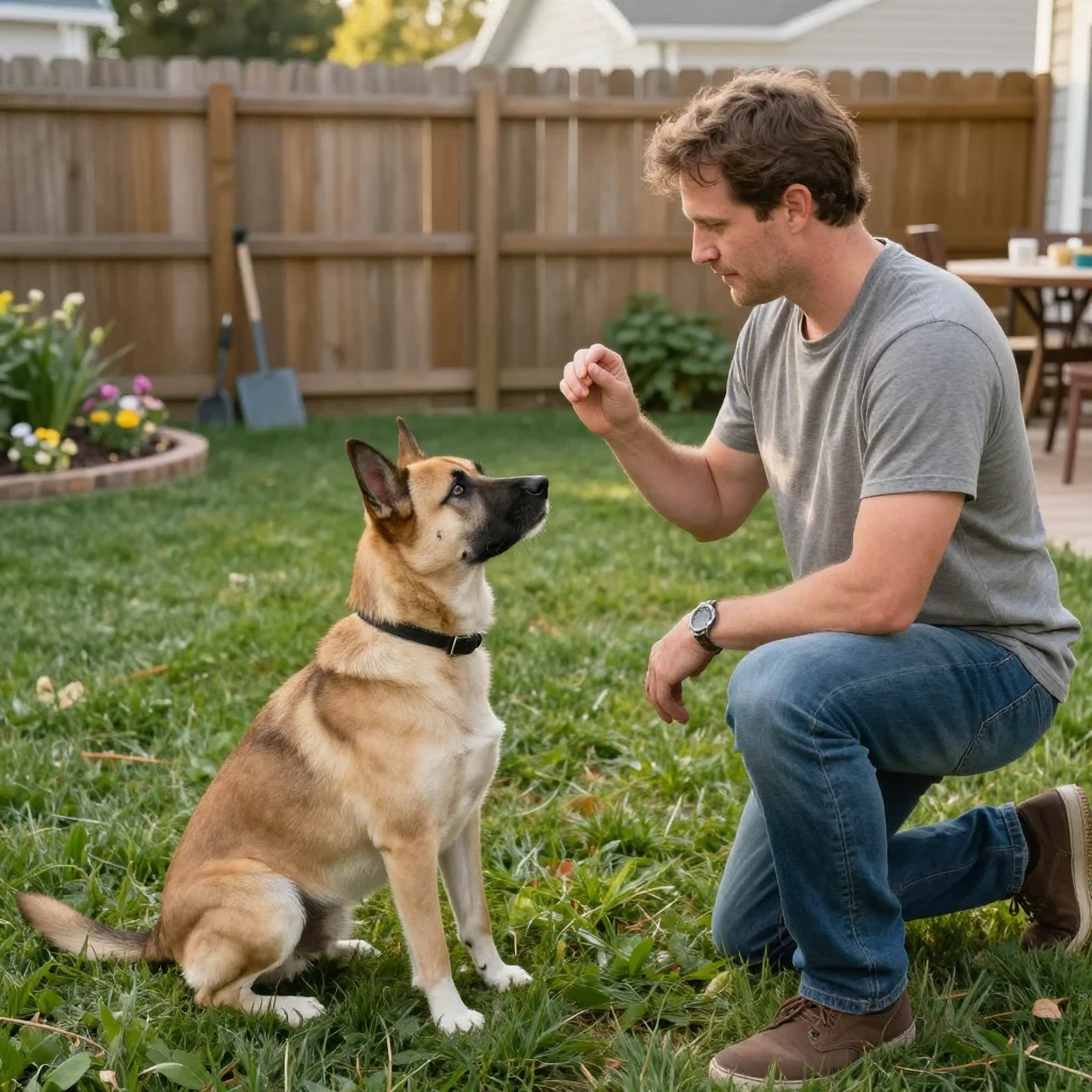 A dog and its owner practicing obedience training in a backyard.