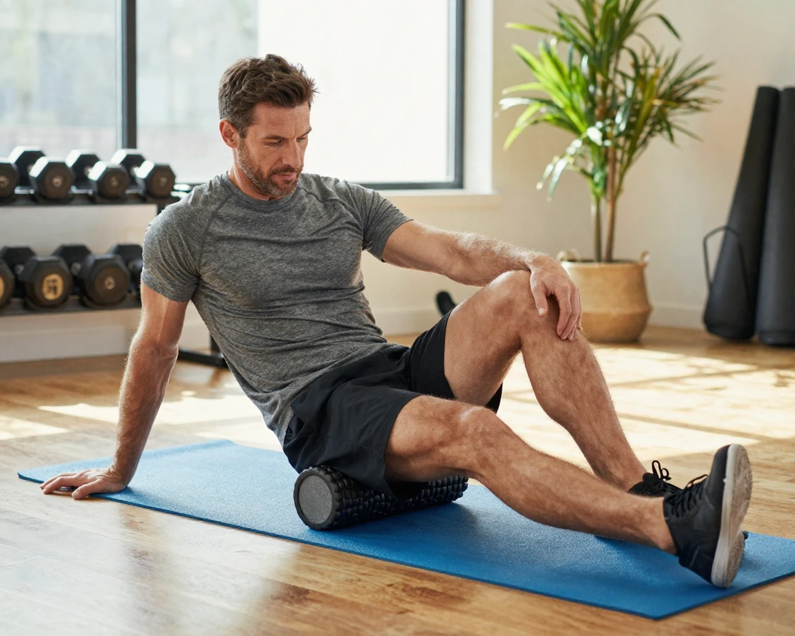 A man doing a guided stretch with a foam roller on a yoga mat.