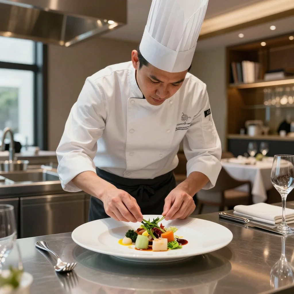 A chef plating a multi-course tasting menu dish in a fine dining restaurant.