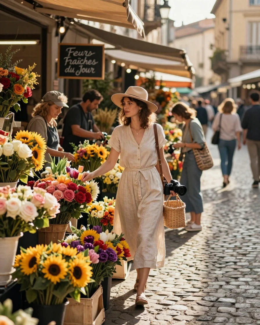 A woman wandering through a colorful flower market in a foreign city.