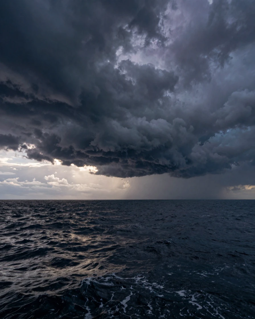 A dramatic storm cloud formation over an open ocean horizon.
