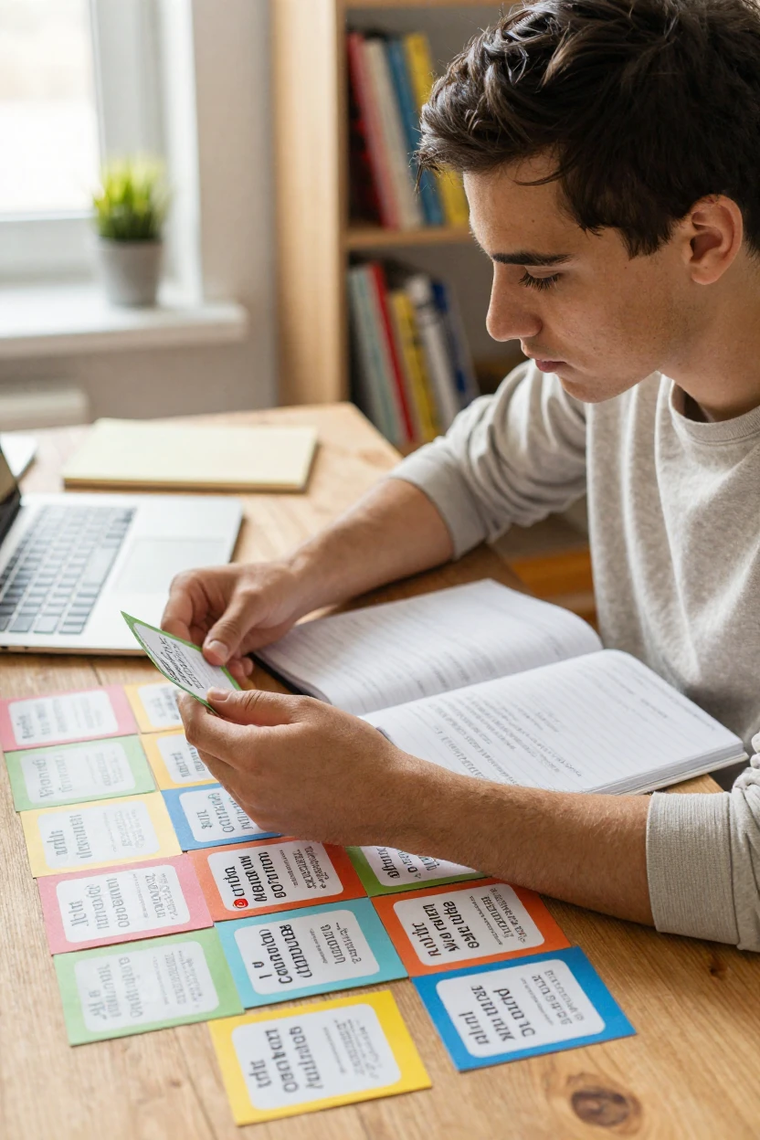 A student using flashcards to study vocabulary words.