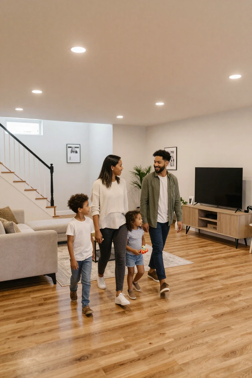 A family walking through a newly renovated basement space.