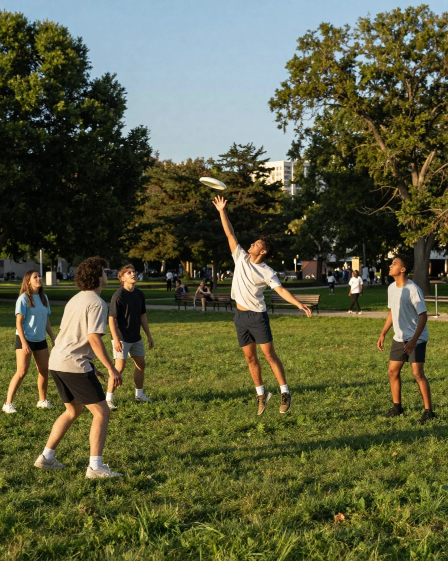 A group of friends playing ultimate frisbee in a park.