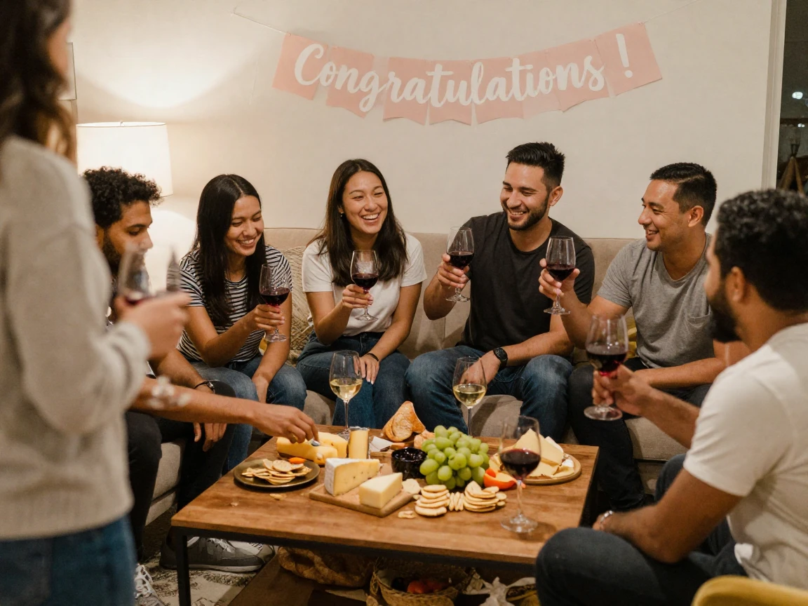 Friends gathered for a wine-and-cheese engagement party.