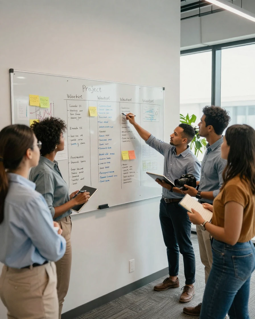 A group of coworkers gathered around a whiteboard planning a project timeline.