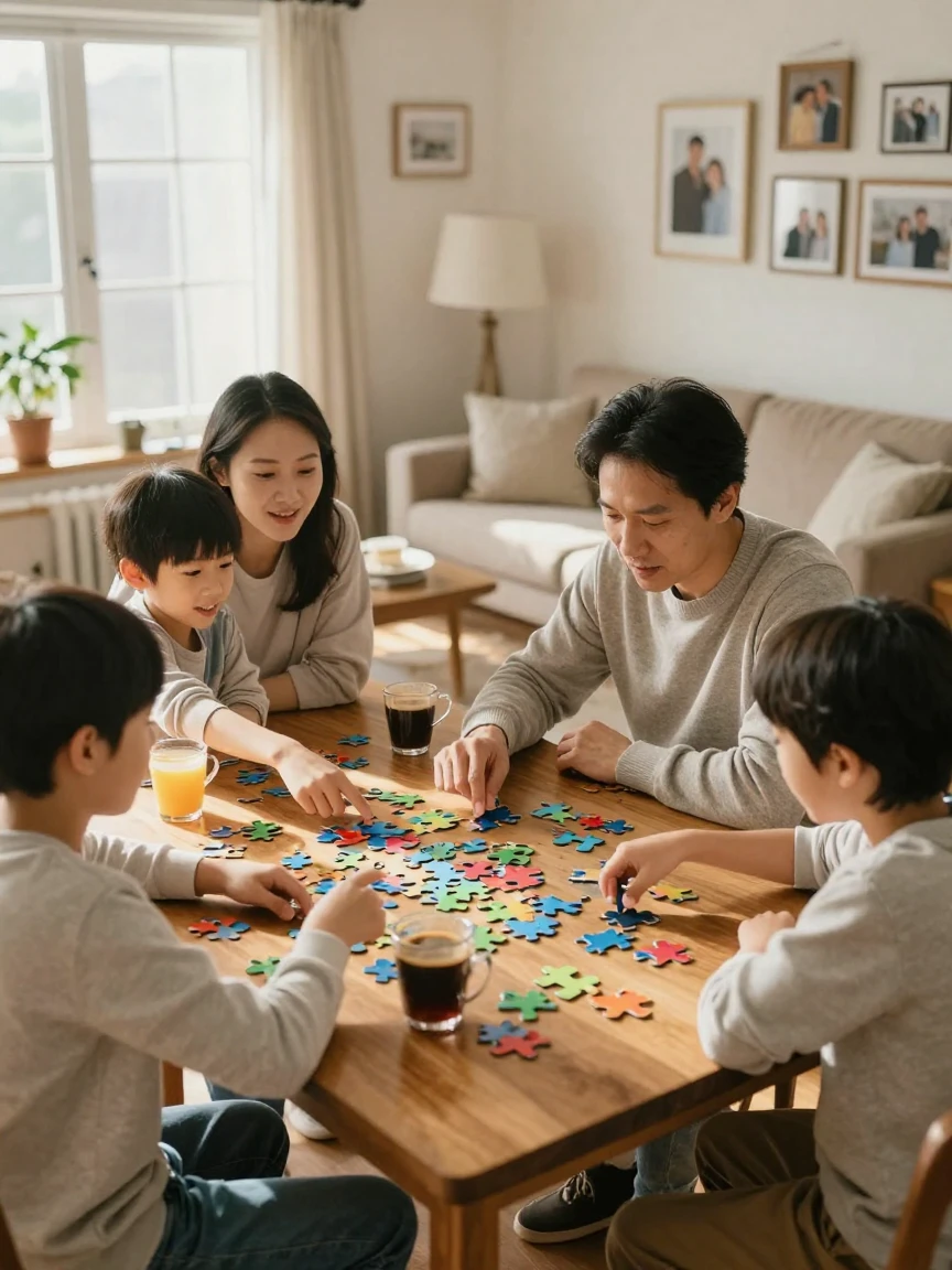 A family gathered around a table doing a jigsaw puzzle together.