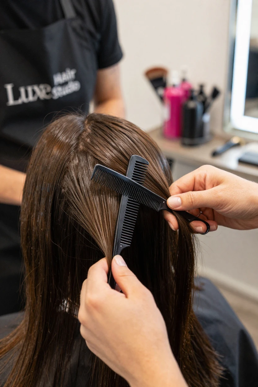 A close-up of a hairstylist sectioning hair before a color treatment.
