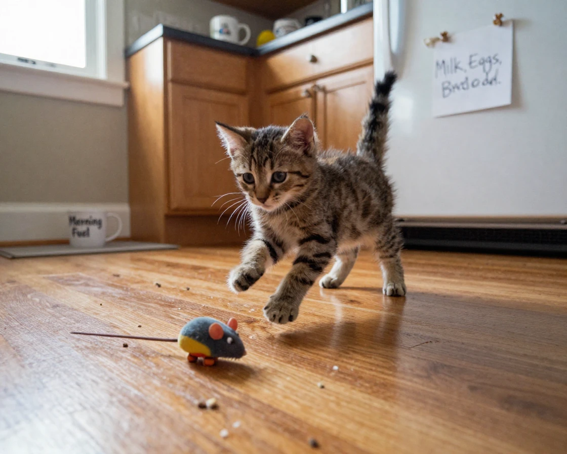 A kitten pouncing on a toy mouse across the kitchen floor.