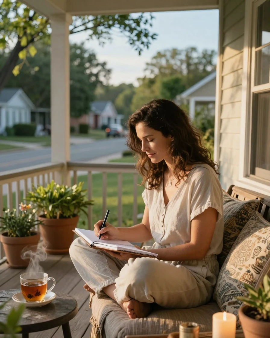 A woman practicing mindfulness journaling on her porch in the morning.