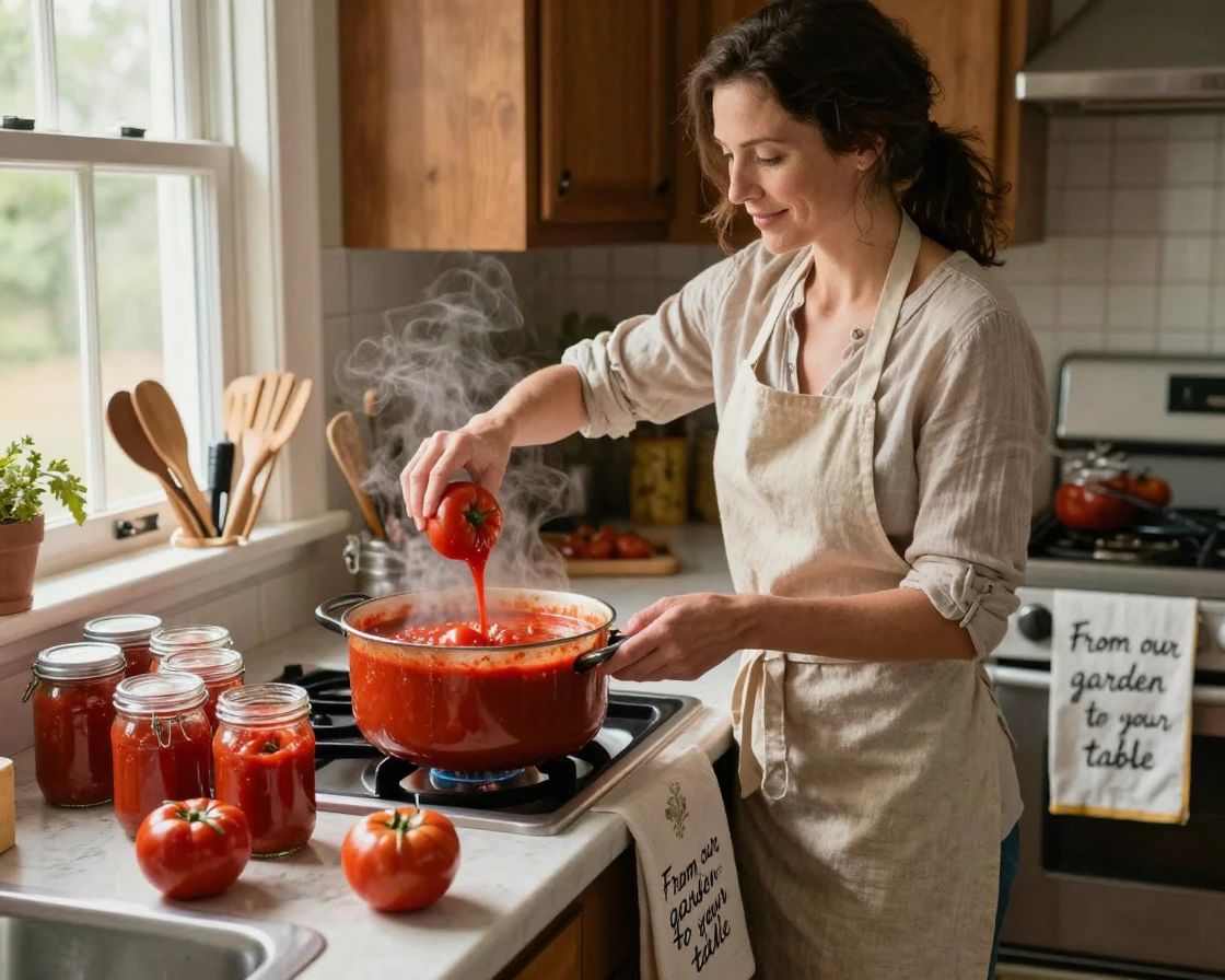 A woman canning tomato sauce from a large pot on the stove.