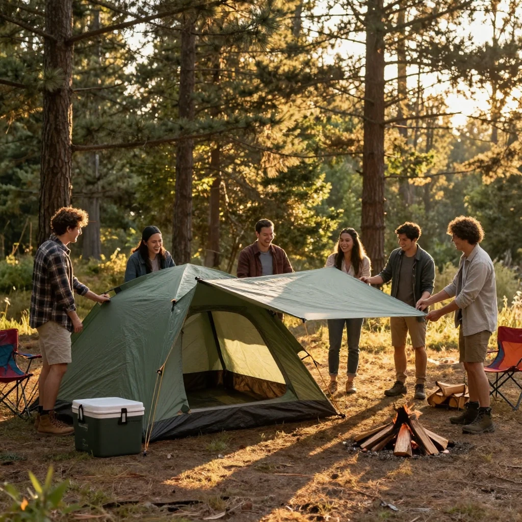 A group of friends setting up a tent at a scenic campsite.
