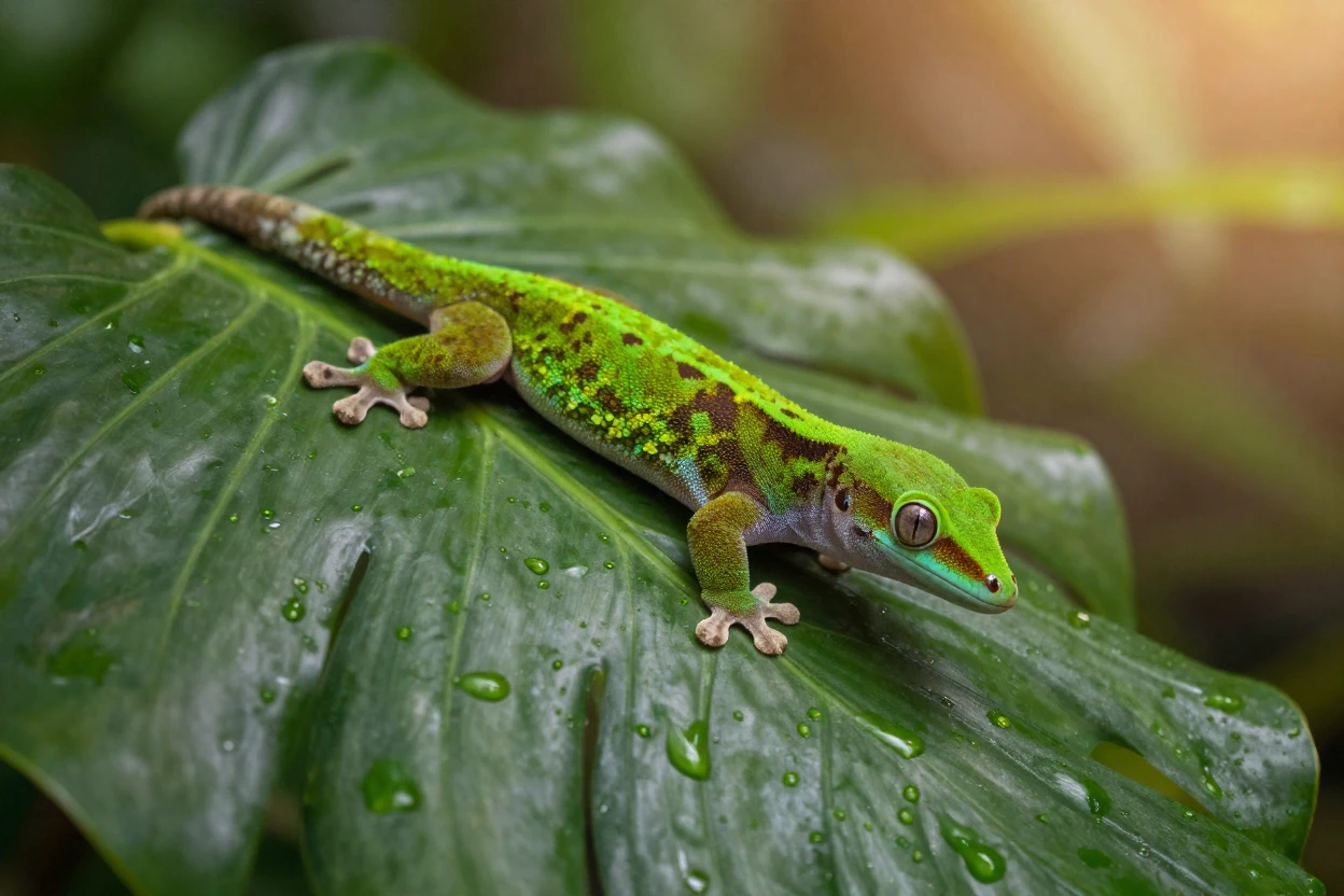 A close-up of a gecko clinging to a tropical leaf.