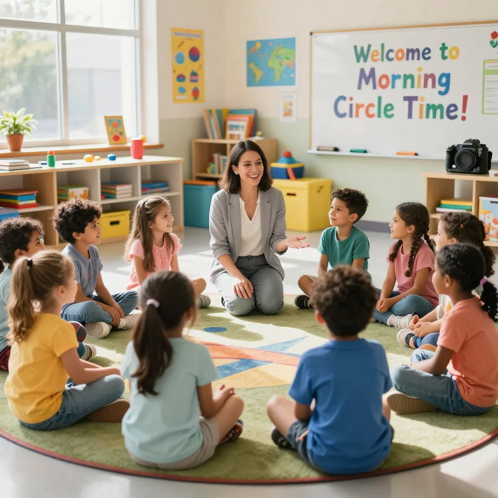 A teacher leading a morning circle time discussion with young students.