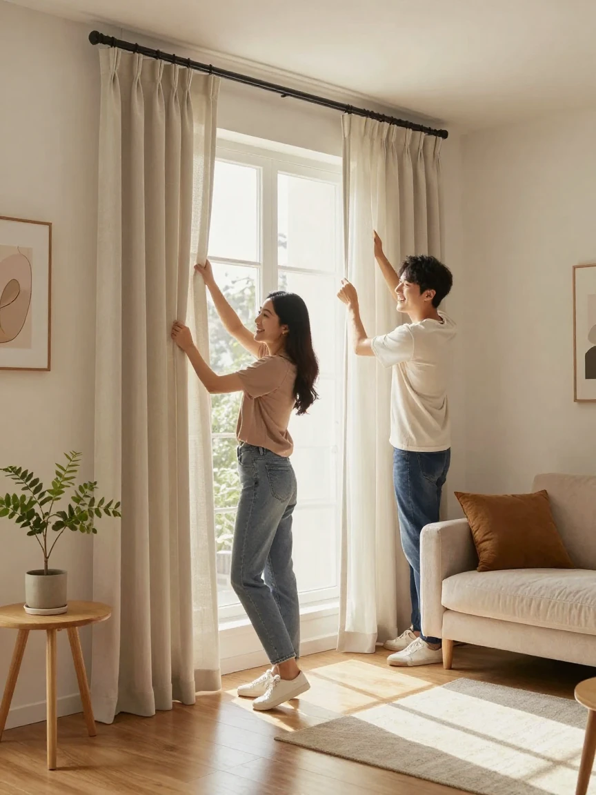 A couple hanging curtains in the living room of their new home.