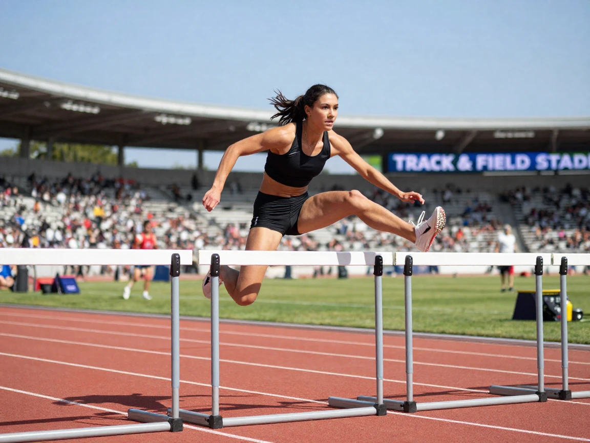 A woman doing a track workout with hurdles at a stadium.