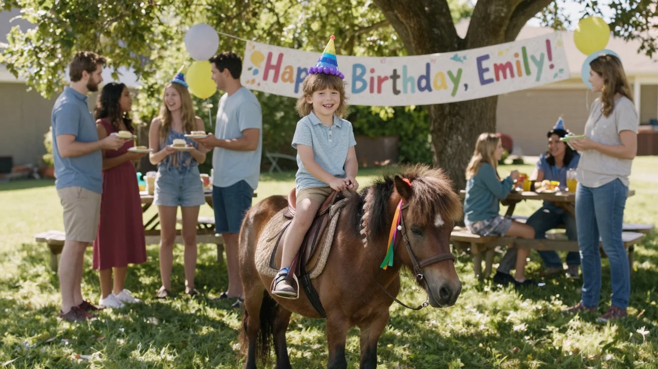 A child riding a pony at an outdoor birthday celebration.