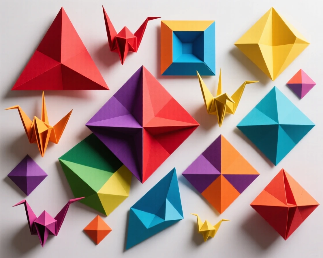 Abstract background of colorful geometric origami shapes arranged flat.