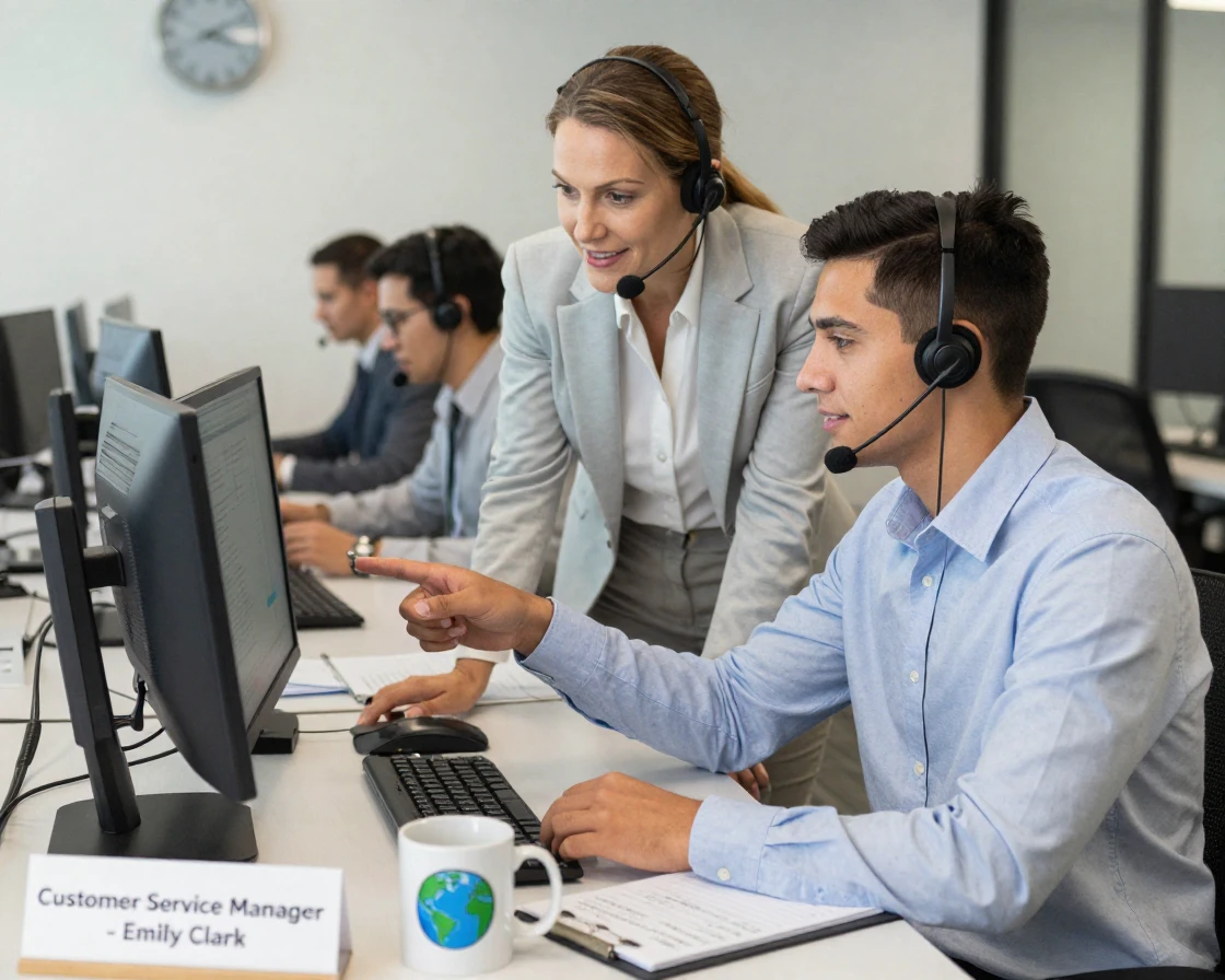 A customer service manager coaching a new hire at a call center desk.