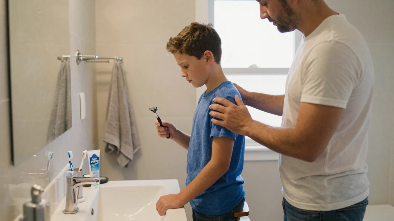 A father teaching his son how to shave for the first time.