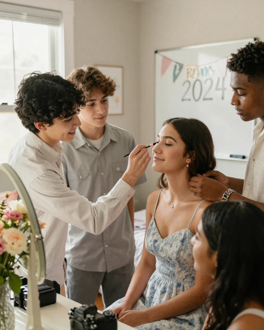 A group of friends getting ready for prom, helping each other with makeup.