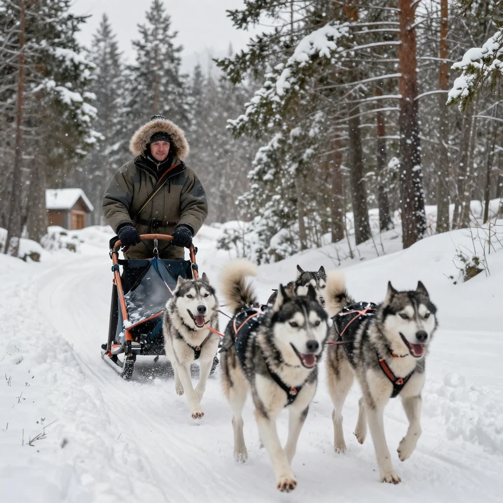 A dog sled team pulling a musher across a snowy trail.