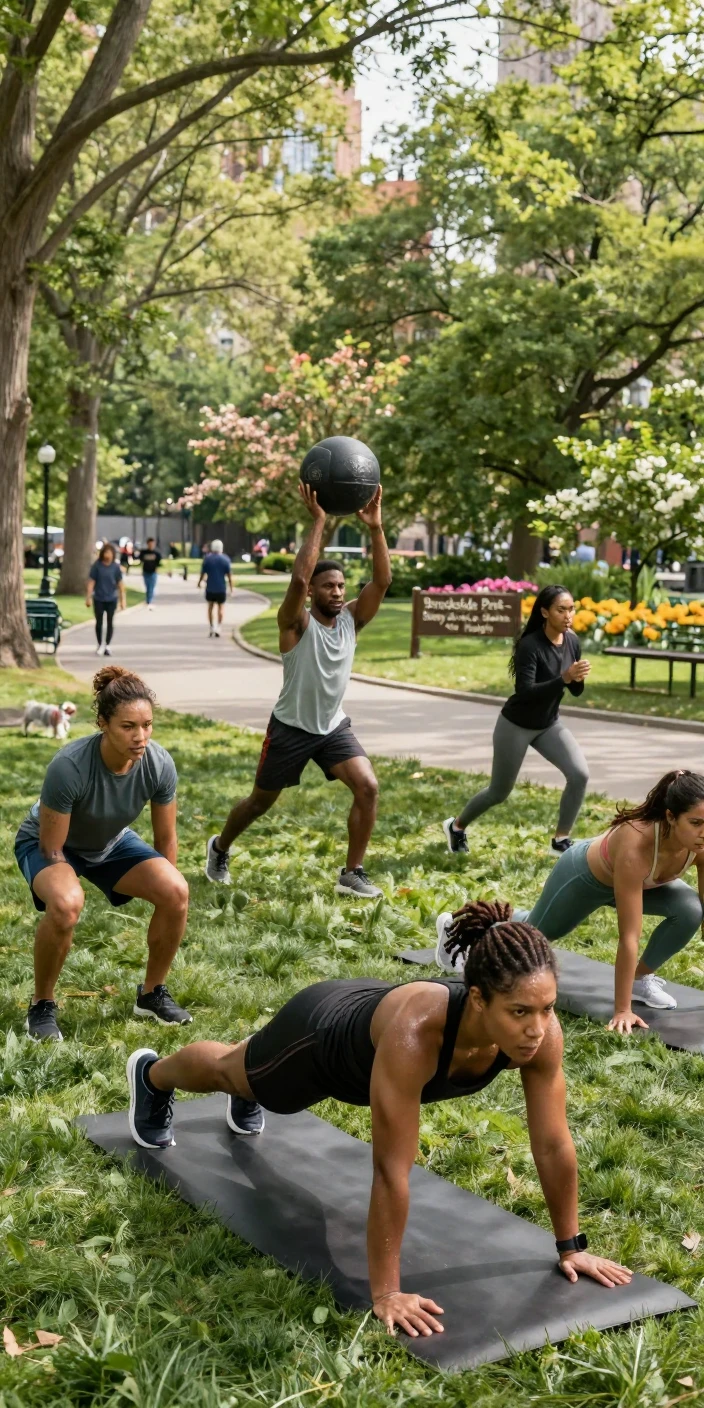 A group of friends doing an outdoor bootcamp workout in a park.