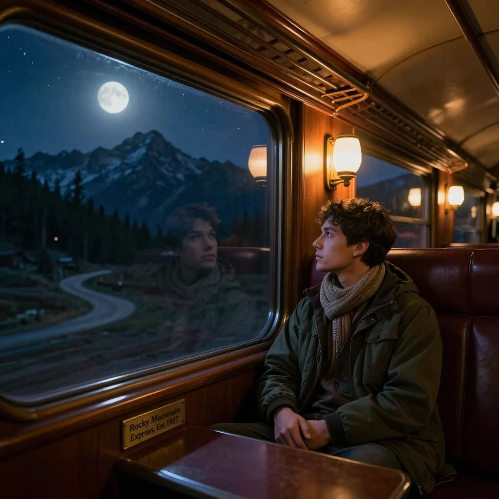 A traveler taking a night train through the mountains, looking out the window.
