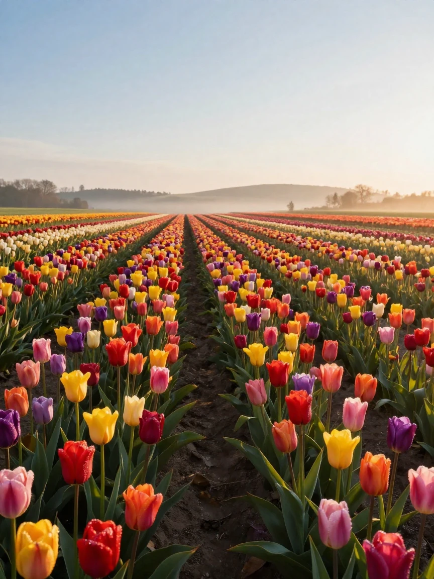 A vast field of tulips in vibrant rows under a spring sky.