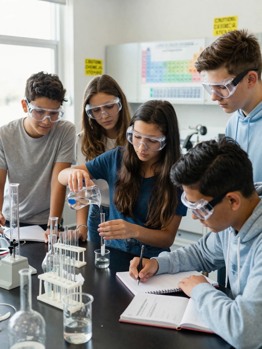 A group of high school students studying chemistry with lab goggles on.