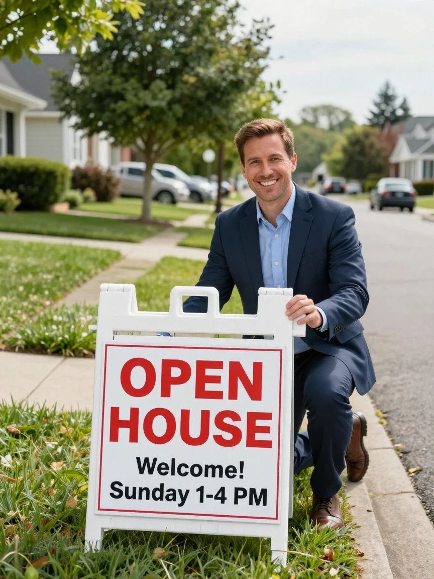 A real estate agent adjusting a "open house" sign on the street.