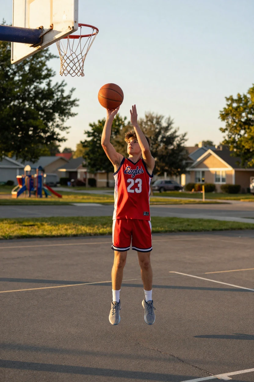 A youth basketball player practicing free throws after school.
