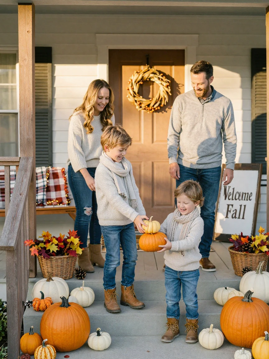 A family decorating the front porch with pumpkins and fall decor.