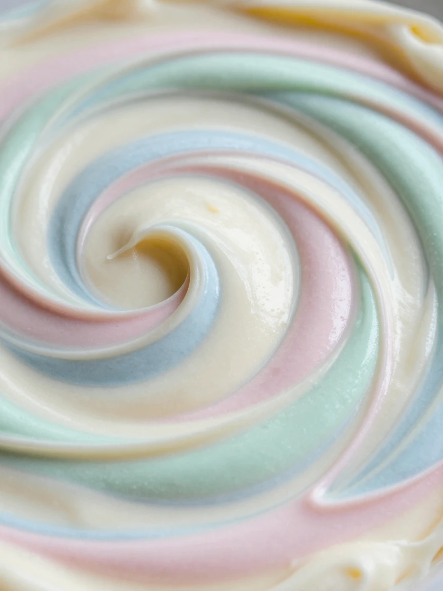 Close-up of a marbled cake batter swirl in pastel colors.