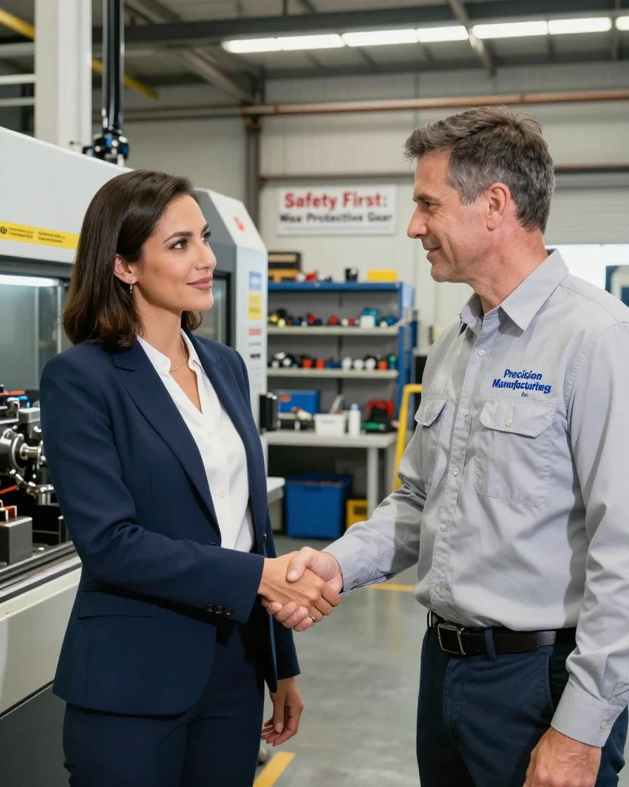 A businesswoman shaking hands with a supplier at a manufacturing facility.