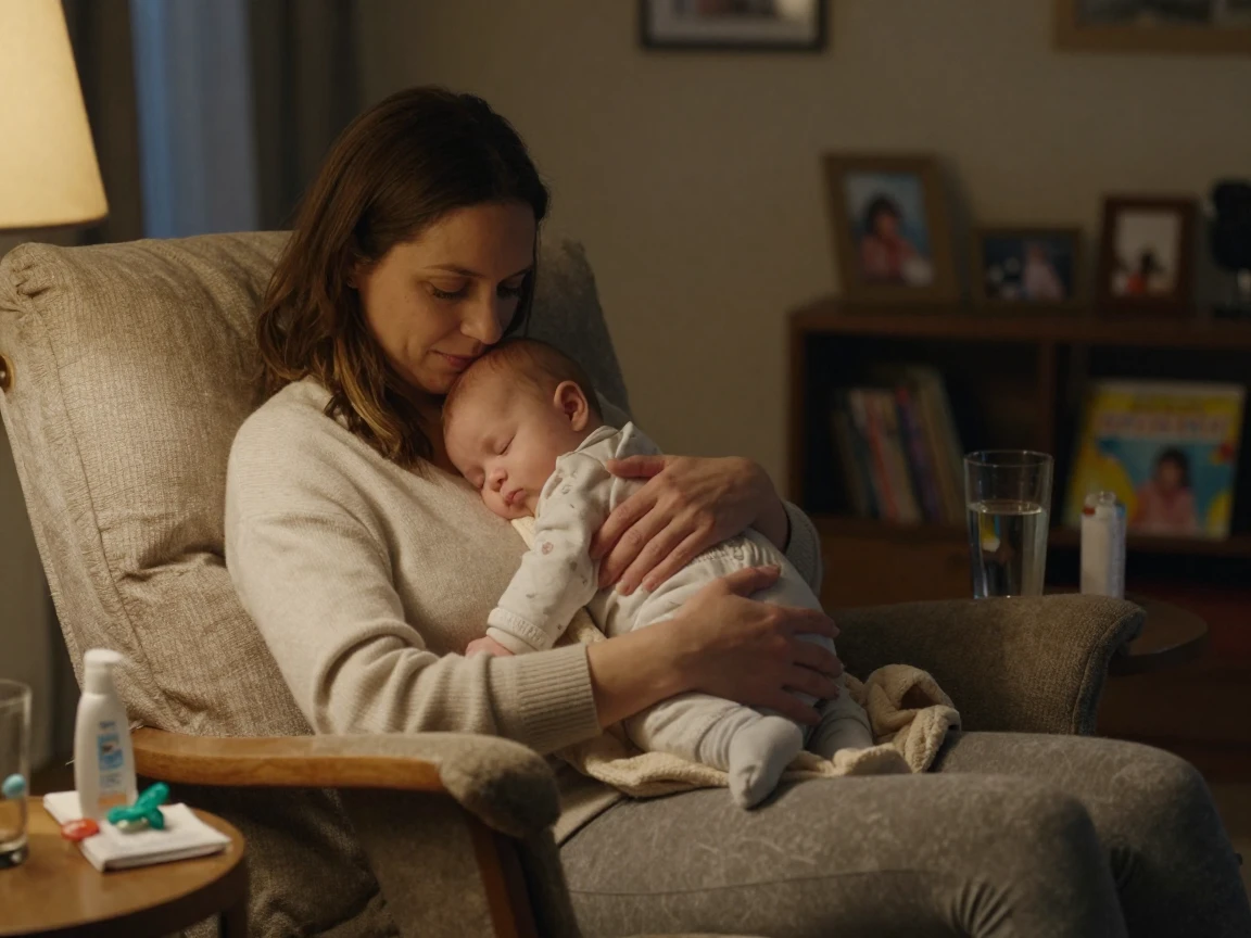 A mother comforting her baby during a nighttime rocking session.