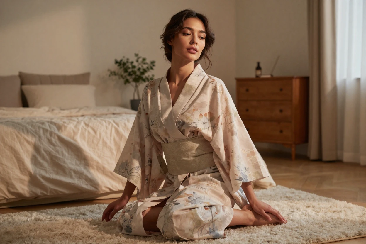 A woman posing in a flowing kimono-style robe in a softly lit bedroom.