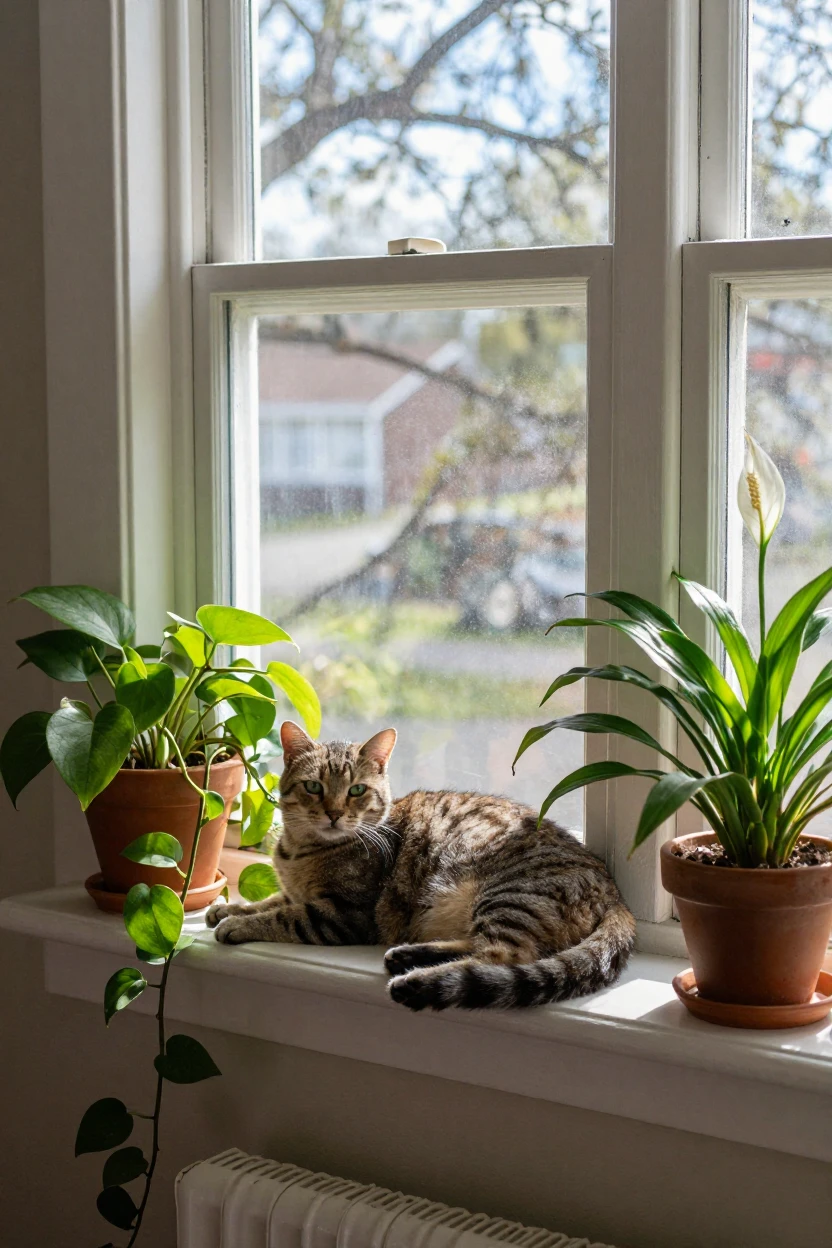 A cat lounging on a windowsill among houseplants.