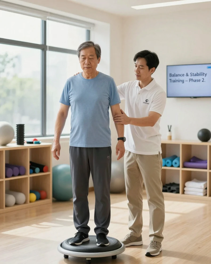 A physical therapist guiding a patient through balance exercises.